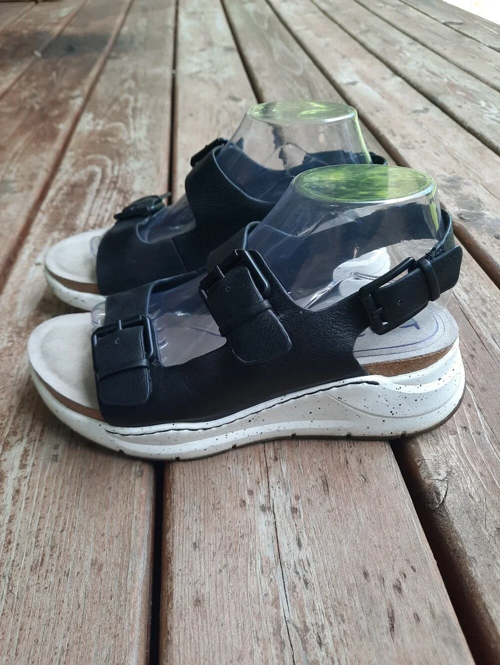 Bionica Olin Black Leather Slingback Ankle Strap Buckle Wedge Sandals Size 9